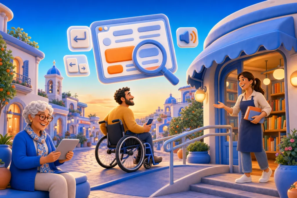 Accessibilità dei siti web: davanti a una libreria con la rampa, la libraia accoglie un cliente in sedia a rotelle, una signora anziana legge su un tablet con il testo grande e sopra la strada una pagina web semplice con pulsanti grandi e la lente per ingrandire