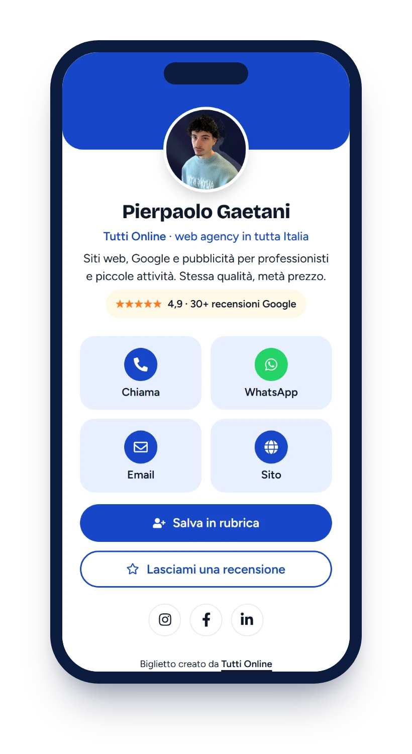 Biglietto da visita digitale di Tutti Online sul telefono: pulsanti per chiamare, scrivere su WhatsApp e salvare in rubrica