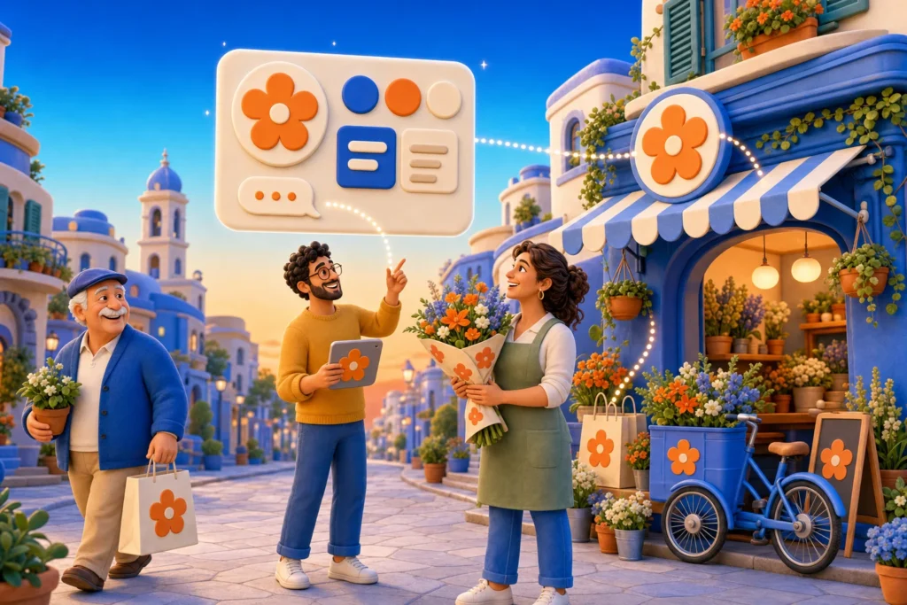 Brand identity: un fioraio con facciata, insegna, sacchetti e bici con lo stesso fiore arancione, la titolare con il mazzo, un amico grafico che indica la scheda di stile in aria e un cliente che esce contento