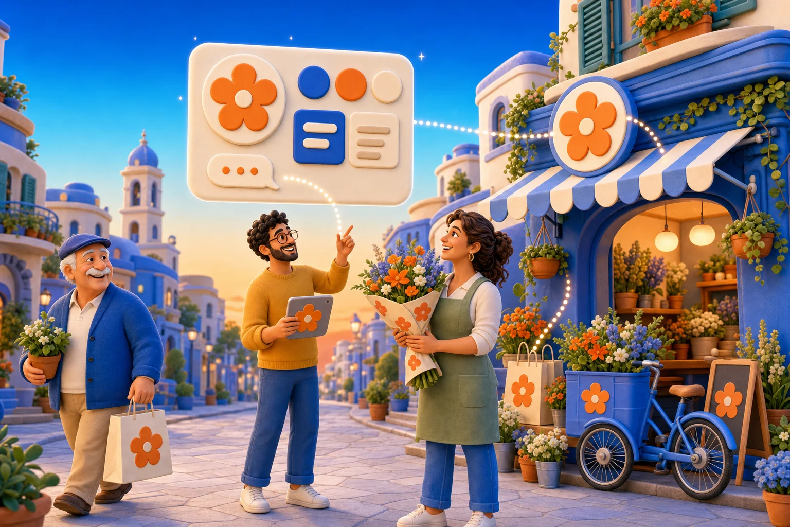 Brand identity: un fioraio con facciata, insegna, sacchetti e bici con lo stesso fiore arancione, la titolare con il mazzo, un amico grafico che indica la scheda di stile in aria e un cliente che esce contento