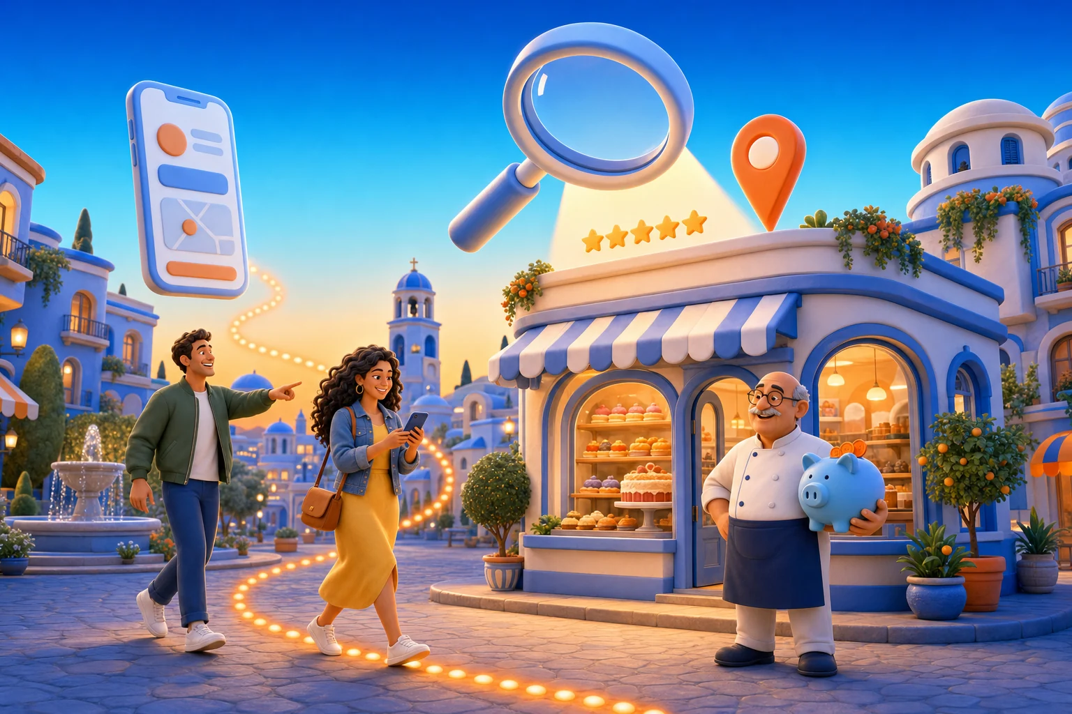 Come apparire su Google gratis: una grande lente illumina una pasticceria in una piazza italiana, i clienti arrivano seguendo la scia arancione dal telefono e il pasticcere tiene in mano il salvadanaio chiuso