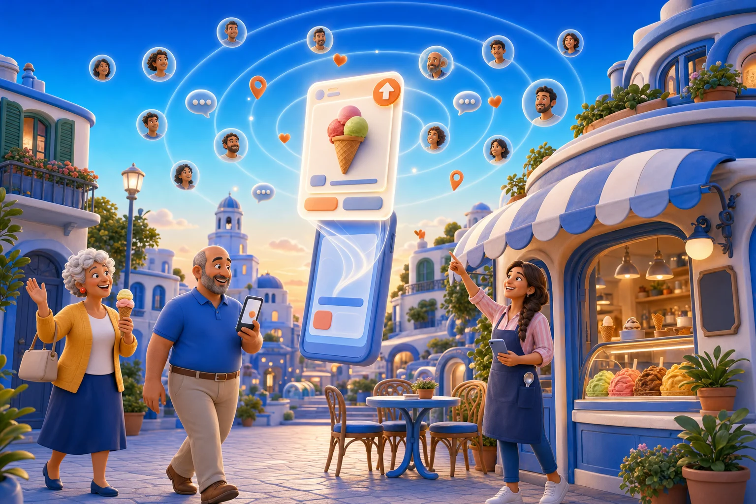 Come sponsorizzare su Instagram: davanti alla sua gelateria la titolare indica un grande telefono da cui si alza un post con un gelato, che con cerchi, cuoricini e fumetti raggiunge tante persone, mentre due clienti arrivano sorridendo
