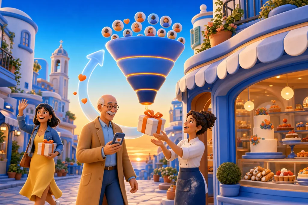 Funnel marketing: davanti alla sua pasticceria la titolare riceve una scatola con una torta che esce da un grande imbuto, dove entrano tante persone, mentre una freccia riporta i clienti all'inizio e due clienti arrivano sorridendo