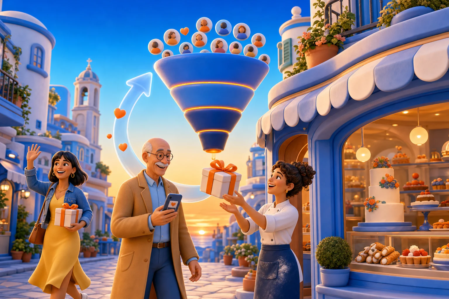 Funnel marketing: davanti alla sua pasticceria la titolare riceve una scatola con una torta che esce da un grande imbuto, dove entrano tante persone, mentre una freccia riporta i clienti all'inizio e due clienti arrivano sorridendo