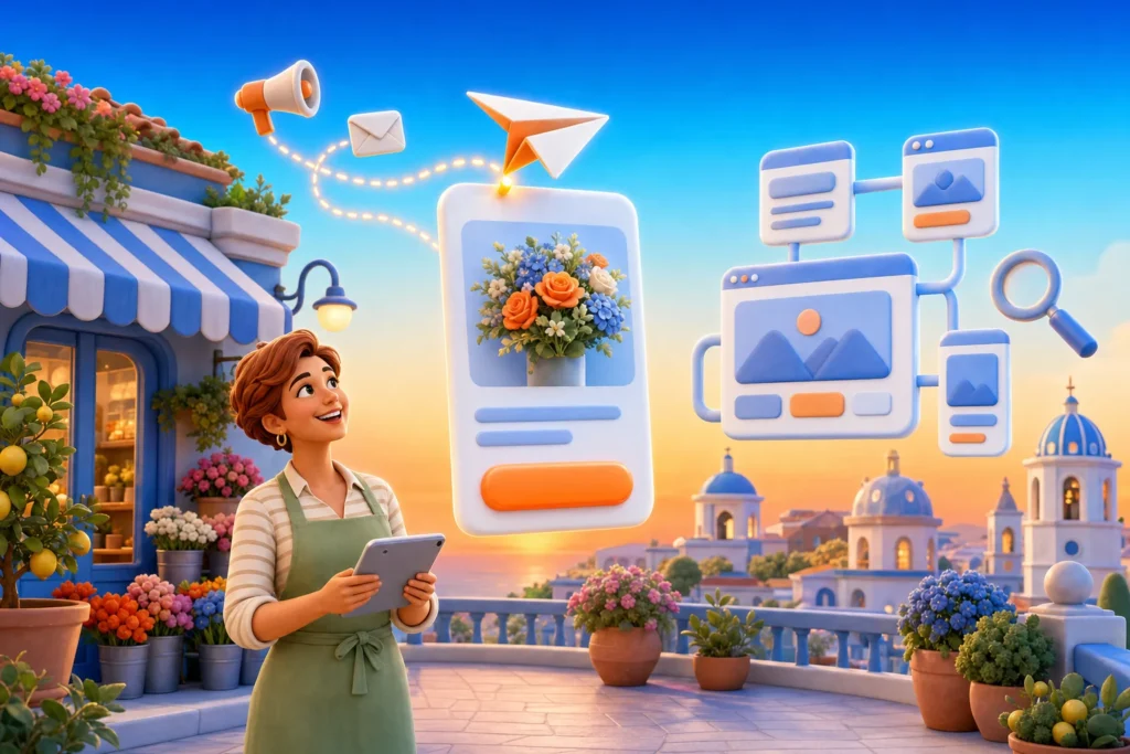 Landing page: un aeroplanino di carta atterra su una pagina con un solo pulsante arancione, accanto a un sito di più pagine collegate, davanti a un negozio di fiori