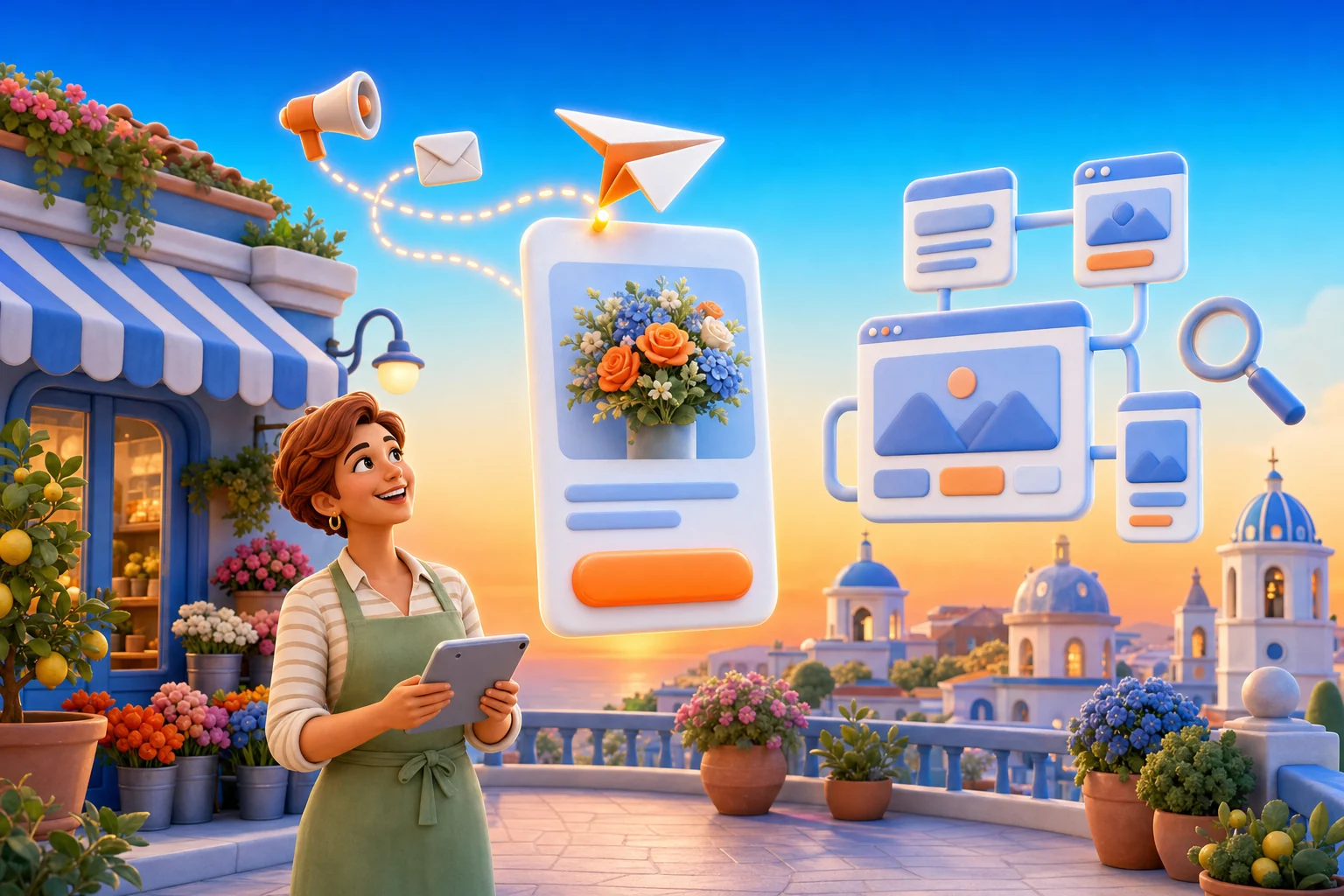 Landing page: un aeroplanino di carta atterra su una pagina con un solo pulsante arancione, accanto a un sito di più pagine collegate, davanti a un negozio di fiori