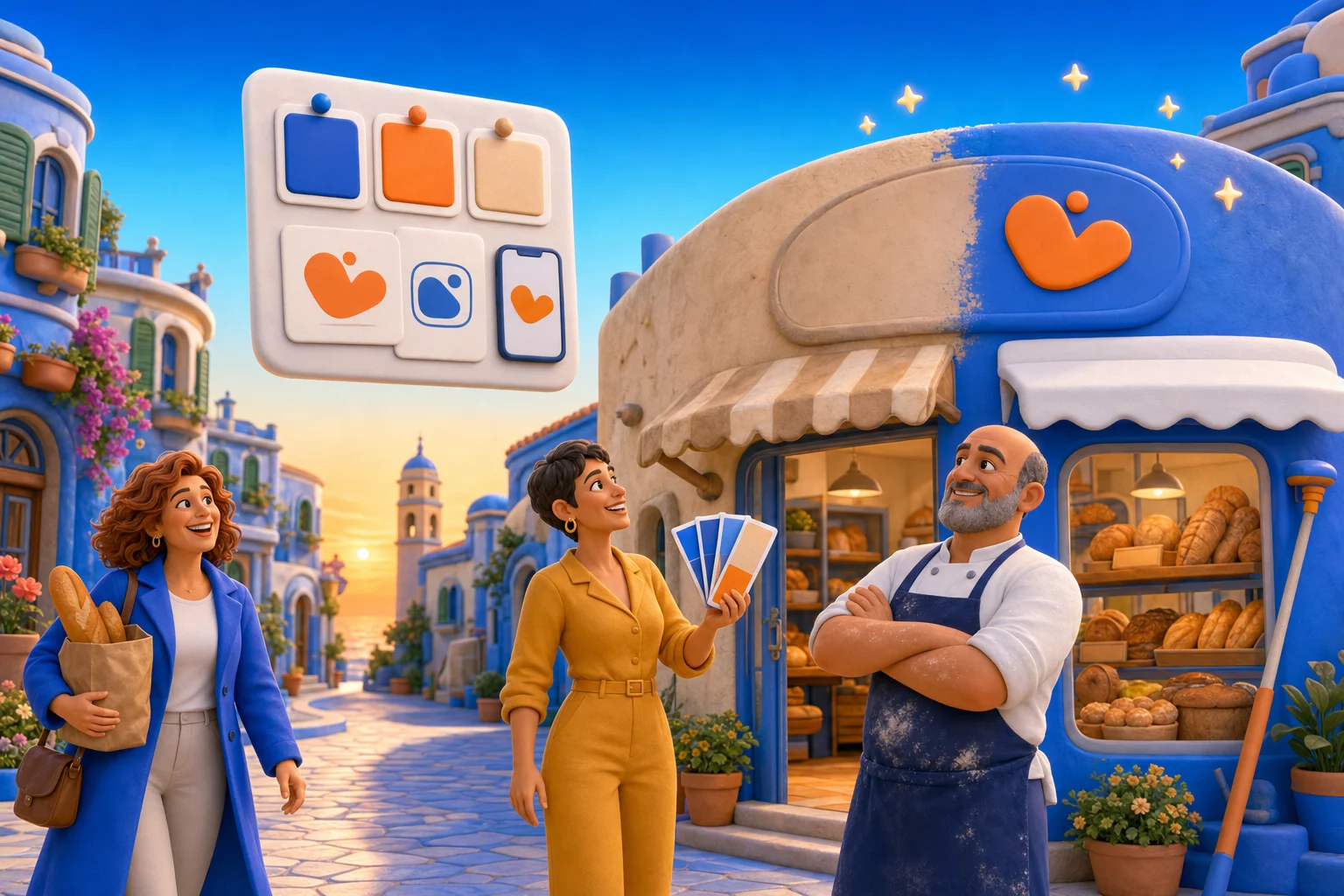 Rebranding: un forno con la facciata a metà tra il vecchio colore sbiadito e il nuovo blu con il logo arancione, il fornaio soddisfatto, la figlia con i campioni di colore e una cliente affezionata che arriva con il pane